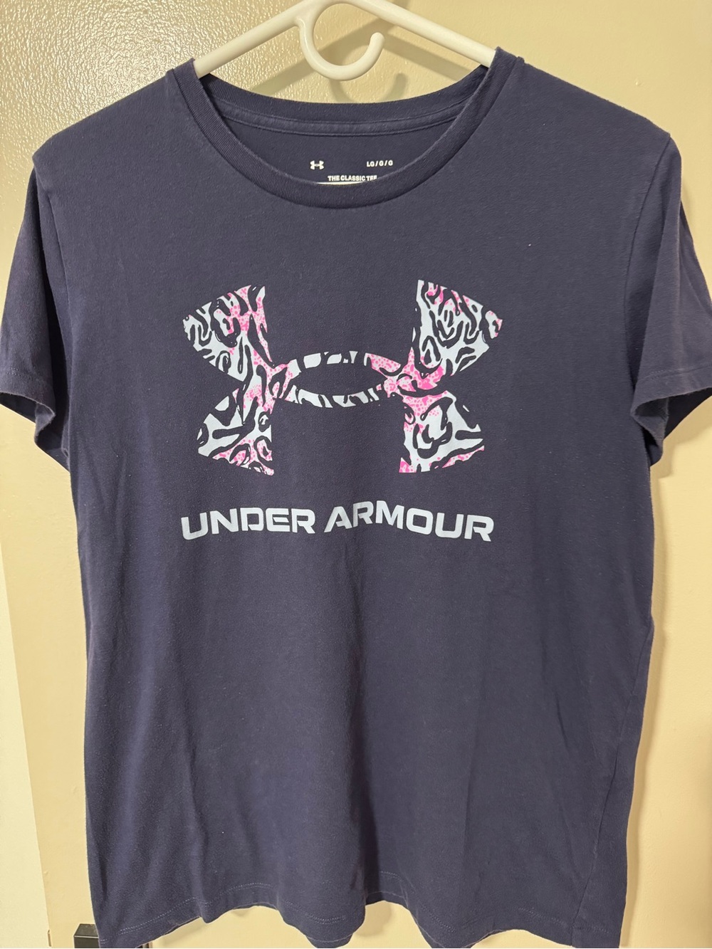 Under Armour Navy Tee with Pink & White Leopard Logo